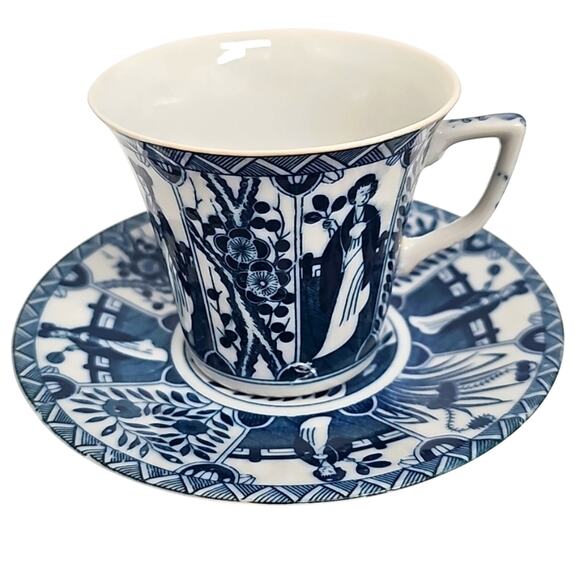 Vintage Blue and White Oriental Teacup and Saucer Set "Long Eliza" China (12 pc) - Picture 2 of 9